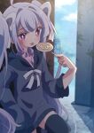  1girl :p against_wall ahoge alley arm_at_side assault_lily bangs black_hoodie black_thighhighs blue_sky blurry blurry_background bow candy closed_mouth clouds collared_shirt commentary_request cowboy_shot day depth_of_field food grey_hair hair_bow hand_up holding holding_candy holding_food holding_lollipop honkawa_works hood hood_down hoodie knee_up light_blush lollipop long_hair long_sleeves looking_at_viewer miriam_hildegard_von_gropius neck_ribbon outdoors pink_eyes pink_shirt ribbon shade shirt sky sleeves_past_fingers sleeves_past_wrists smile solo standing thigh-highs tongue tongue_out tree twintails very_long_hair white_bow white_ribbon 