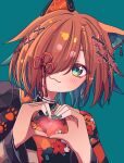  1girl :3 absurdres animal_ears aqua_eyes aqua_hair aqua_nails blush bone_hair_ornament colored_inner_hair dog_ears dog_girl earrings fangs floral_print hair_ornament hair_over_one_eye hair_ribbon heart heart_hands highres japanese_clothes jewelry long_sleeves looking_at_viewer mifflue miyoshino_shiki multicolored_hair nail_polish one_eye_covered orange_hair orange_shirt paw_print paw_print_pattern prism_project prosthetic_ear ribbon see-through see-through_sleeves shirt smile solo sparkling_eyes two-tone_hair upper_body virtual_youtuber 