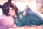  1girl absurdres alternate_costume animal_ears bed black_hair blush breasts commentary_request hair_ornament hairclip highres horse_ears horse_girl long_hair looking_at_viewer medium_breasts mejiro_dober_(umamusume) open_mouth pajamas pillow solo umamusume violet_eyes window zeatto 