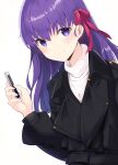  1girl absurdres bangs black_coat blush bow cellphone closed_mouth coat commentary_request fate/stay_night fate_(series) hair_between_eyes hair_bow hand_up highres holding holding_phone i.f.s.f long_hair long_sleeves looking_at_viewer matou_sakura phone puffy_long_sleeves puffy_sleeves purple_hair red_bow shirt simple_background smile solo turtleneck violet_eyes white_background white_shirt 