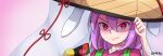  1girl animal_ears artist_name bmkro commentary_request hair_between_eyes hat hat_tip highres japanese_clothes portrait purple_hair rabbit_ears reisen_udongein_inaba signature smile solo spanish_commentary touhou v-shaped_eyebrows violet_eyes 