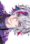  1boy absurdres ancoo_mm bangs closed_mouth eyelashes fuwa_minato grey_hair hair_between_eyes highres jacket looking_at_viewer male_focus multicolored_hair nijisanji one_eye_closed open_clothes open_jacket pink_hair portrait purple_hair purple_jacket shirt short_hair sidelocks simple_background smile solo streaked_hair violet_eyes virtual_youtuber white_background 