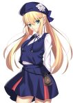  1girl absurdres alternate_costume arms_behind_back artoria_caster_(fate) artoria_pendragon_(fate) bangs blonde_hair blue_bow blue_headwear blue_ribbon blue_skirt blue_vest bow collared_shirt commentary_request contemporary fate/grand_order fate_(series) green_eyes hair_between_eyes hair_bow hat highres long_hair long_sleeves looking_at_viewer mishiro_(ixtlolton) neck_ribbon ribbon shirt sidelocks simple_background skirt solo twintails vest white_background white_shirt 