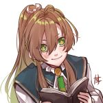  1boy amakusa_shirou_tokisada_(olympia_soiree) androgynous blush book brown_hair closed_mouth green_eyes high_ponytail highres holding holding_book looking_at_viewer male_focus nanosuke_(nanonano9) olympia_soiree open_book smile solo 