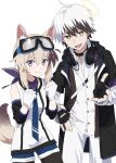  1boy 1girl adnachiel_(arknights) animal_ears cardigan_(arknights) dog_ears dog_tail drawdrawdeimos goggles goggles_on_head halo headphones headphones_around_neck highres tail violet_eyes yellow_eyes 