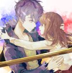  1boy 1girl abstract_background brown_hair coat commentary_request eye_contact fur_collar garry_(ib) highres hug ib ib_(ib) long_hair looking_at_another nashiko_(nanaju_ko) open_clothes open_coat open_mouth picture_frame purple_coat purple_hair shirt smile upper_body violet_eyes white_shirt 