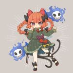  1girl :d animal_ears black_bow black_footwear black_tail bow braid cat_ears dress fang green_dress kaenbyou_rin long_sleeves nekomata redhead skin_fang skull smile standing standing_on_one_leg touhou twin_braids yaco_(nuitnotte) 