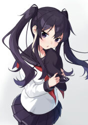  1girl akatsuki_(kancolle) black_hair black_hat black_sailor_collar black_skirt commentary_request flat_cap gradient_background grey_background hat kantai_collection long_hair long_sleeves mitsuyo_(mituyo324) neckerchief pleated_skirt red_neckerchief sailor_collar sailor_shirt school_uniform serafuku shirt skirt solo twintails unworn_hat unworn_headwear violet_eyes white_shirt 