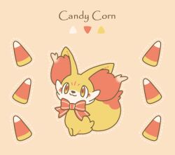  animal_ear_fluff animal_focus blush bow candy candy_corn dotted_line fennekin food full_body looking_at_viewer no_humans orange_eyes pokemon pokemon_(creature) red_bow satsumapotato sitting smile solo striped_bow 