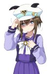  1girl animal_ears blue_eyes blush bow bowtie bright_pupils brown_hair cheval_grand_(umamusume) closed_mouth ears_down flying_sweatdrops hand_on_headwear hand_up hat hat_belt horse_ears kklloo1 long_sleeves looking_at_viewer purple_shirt purple_skirt school_uniform shirt simple_background skirt solo tracen_school_uniform tree umamusume upper_body white_background white_headwear white_pupils 
