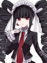  1girl black_hair black_jacket black_nails celestia_ludenberg center_frills collared_shirt danganronpa:_trigger_happy_havoc danganronpa_(series) drill_hair earrings frills hand_up headdress highres jacket jewelry long_hair nail_polish necktie open_clothes open_jacket parted_lips red_eyes red_necktie rishaku_(user_cuwx8758) shirt sidelocks simple_background solo teeth twin_drills twintails upper_body white_background white_shirt 