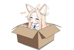  1girl animal_ear_fluff animal_ears animal_on_head bird bird_on_head blonde_hair blue_archive blush box cardboard_box commentary detached_sleeves dress fox_ears fox_girl halo in_box in_container korean_text long_hair on_head open_mouth pink_eyes ran_(bearsoymilk) sailor_collar seia_(blue_archive) simple_background solo symbol-only_commentary tears translation_request white_background white_dress white_sailor_collar 