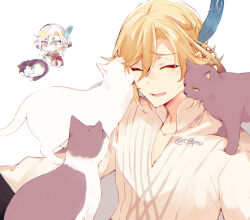  1boy ^_^ animal_on_shoulder artist_name blonde_hair braid cat cat_on_shoulder cat_teaser chibi closed_eyes collarbone earrings feather_hair_ornament feathers genshin_impact grey_cat hair_between_eyes hair_ornament holding holding_cat_teaser jewelry kaveh_(genshin_impact) long_hair long_sleeves male_focus naho_(pi988y) nuzzle open_mouth parted_bangs raised_eyebrows red_eyes shirt simple_background single_braid smile twitter_username upper_body white_background white_cat white_shirt 