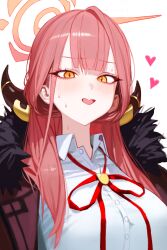  1girl absurdres aru_(blue_archive) blue_archive blush coat coat_on_shoulders demon_horns fur-trimmed_coat fur_trim halo heart highres horns long_hair looking_at_viewer neck_ribbon nervous_smile nervous_sweating pink_hair red_ribbon ribbon shirt simple_background simsimhea smile solo sweat sweatdrop upper_body white_background white_shirt 