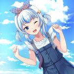 ;d blue_bow blue_eyes blue_hair blue_skirt blue_sky bow clouds gawr_gura grey_hair hair_bobbles hair_bow hair_ornament hairband hairpin highres hololive hololive_english looking_at_viewer medium_hair multicolored_hair one_eye_closed open_mouth sharp_teeth shirt short_twintails skirt skirt_set sky smile solo streaked_hair swami teeth twintails virtual_youtuber white_shirt 