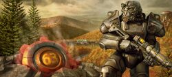  1boy armor day fallout_(series) fallout_76 grey_sky gun highres holding holding_gun holding_weapon official_art outdoors power_armor_(fallout) sky solo tree weapon 