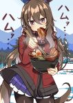  1girl admire_vega_(umamusume) animal_ears bangs black_pantyhose bowl brown_hair chopsticks clear_sky coat coat_lift commentary cowboy_shot day ear_covers eating food food_in_mouth forest fringe_trim highres holding holding_bowl holding_chopsticks horse_ears horse_girl horse_tail long_hair long_sleeves looking_at_viewer meat miniskirt mountainous_horizon mouth_hold nature noodles outdoors pantyhose pink_scarf plaid plaid_scarf pleated_skirt purple_skirt ramen red_coat scarf school_uniform single_ear_cover skirt sky snow solo standing steam sweat tail tracen_school_uniform translated umamusume violet_eyes wahiko_(black_bastard) wind wind_lift winter 