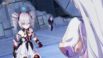  2girls bangs bare_shoulders bronya_zaychik crystal drill_hair gloves grey_eyes grey_hair hare_(honkai_impact) highres honkai_(series) honkai_impact_3rd logo long_hair looking_at_object multiple_girls official_alternate_costume official_art official_wallpaper standing upper_body white_hair 