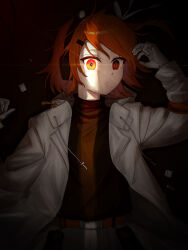  1girl a.i._voice absurdres adachi_rei belt black_shirt cable closed_mouth coat crack_of_light gloves hair_ornament hairclip headphones highres long_sleeves looking_at_viewer lying nisui57 on_back open_clothes open_coat orange_eyes shirt shirt_tucked_in short_hair skirt solo turtleneck twitter_username utau white_coat white_gloves white_skirt 