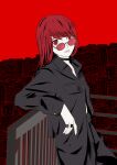  1girl absurdres black_choker black_jacket black_pants choker cityscape commentary eyebrows_hidden_by_hair highres jacket jewelry long_sleeves looking_at_viewer may_(may_lee8) nail_polish pants parted_lips persona persona_5 persona_5_the_royal railing red-framed_eyewear red-tinted_eyewear red_background red_eyes red_nails red_theme redhead ring round_eyewear sleeves_past_wrists solo sunglasses tinted_eyewear yoshizawa_kasumi 
