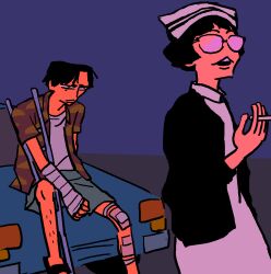  1boy 1girl :3 adrenaline_drive ao9hp arm_cast bandaged_leg bandages behind_another between_fingers black_eyes black_hair black_jacket blue_background broken_arm cast character_request cigarette closed_mouth collared_dress commentary_request constricted_pupils crutch dress facial_hair feet_out_of_frame gauze gauze_on_leg glasses green_shorts hand_up holding holding_cigarette jacket layered_shirt long_sleeves looking_at_another mustache nurse on_car opaque_glasses open_clothes open_mouth open_shirt pencil_mustache red_shirt sandals shirt short_hair shorts sitting standing white_dress white_shirt white_undershirt 