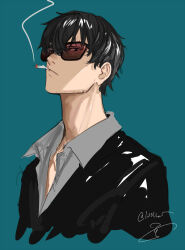  1boy black_hair black_jacket cigarette collared_shirt cropped_torso eyes_visible_through_eyewear green_background grey_shirt highres isshiki_(ffmania7) jacket male_focus nicholas_d._wolfwood open_clothes open_shirt shirt short_hair signature simple_background smoke smoke_trail smoking solo suit_jacket sunglasses trigun trigun_stampede 