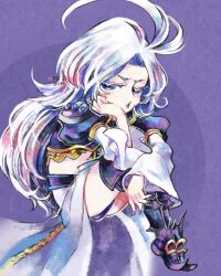  1boy artist_name black_footwear boots colored_eyelashes cropped_jacket feather_hair_ornament feathers final_fantasy final_fantasy_ix floating gold_trim grey_hair hair_ornament half-closed_eyes head_on_hand hugging_own_legs kuja long_hair male_focus megsuri midriff otoko_no_ko parted_bangs parted_lips pointy_footwear solo thigh_boots waist_cape 