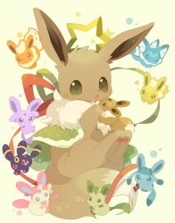  brown_eyes brown_fur eevee espeon flareon glaceon highres holding jolteon leafeon no_humans open_mouth pawpads pokemon pokemon_(creature) ribbon smile star_(symbol) stuffed_animal stuffed_toy sylveon tail umbreon ushiina vaporeon white_background 