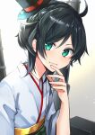  1girl ahoge bangs black_hair commentary_request green_eyes green_hakama hakama hat highres japanese_clothes kantai_collection katsuobushi_(eba_games) looking_at_viewer machinery matsukaze_(kancolle) meiji_schoolgirl_uniform mini_hat mini_top_hat short_hair smile solo swept_bangs top_hat upper_body wavy_hair 