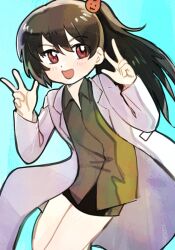  1girl bear_hair_ornament black_skirt blue_background blush brown_hair carmen_(project_moon) coat collared_shirt cowboy_shot double_w green_shirt hair_ornament hands_up lab_coat lapels lobotomy_corporation long_hair notched_lapels ochao_(icetealive) open_mouth ponytail project_moon red_eyes shirt simple_background skirt smile solo w white_coat 