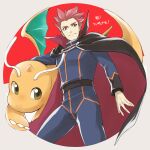  1boy belt border cape closed_mouth commentary_request dragonite holding holding_pokemon jacket lance_(pokemon) long_sleeves looking_down male_focus mocollie pants pokemon pokemon_(creature) pokemon_(game) pokemon_hgss redhead short_hair smile spiky_hair translation_request white_border 