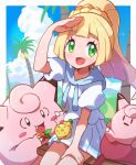  1girl bangs berry_(pokemon) blonde_hair blue_sky blunt_bangs clefairy clouds dress eating fang green_eyes hand_on_own_forehead hand_on_own_thigh highres hiisu_(s-1104-d) leppa_berry lillie_(pokemon) open_mouth outdoors palm_tree pokemon pokemon_(game) pokemon_sm ponytail sailor_collar short_sleeves sitrus_berry sitting_on_bench skirt sky stuffed_toy sweatdrop tree white_dress white_skirt 