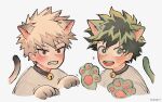  2boys animal_collar animal_ears animal_hands bakugou_katsuki bell blonde_hair blush boku_no_hero_academia cat_boy cat_ears cat_tail clenched_teeth collar commentary_request freckles gaagyeo gloves green_eyes green_hair highres kemonomimi_mode korean_commentary looking_at_viewer male_focus midoriya_izuku multiple_boys neck_bell open_mouth paw_gloves red_eyes shirt short_hair simple_background smile spiky_hair tail teeth twitter_username upper_body white_background 