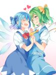 2girls alternate_hairstyle ascot bangs blue_bow blue_dress blue_hair blue_skirt blue_vest blush bow breast_press breasts cirno closed_eyes commentary_request daiyousei dress fairy fairy_wings fang green_eyes green_hair hair_between_eyes hair_bow hairstyle_connection happy heads_together heart highres holding_hands ice ice_wings interlocked_fingers looking_at_another medium_breasts medium_hair multiple_girls nagomian open_mouth puffy_short_sleeves puffy_sleeves red_bow shirt short_hair short_sleeves side_ponytail sidelocks simple_background skirt small_breasts symmetrical_docking touhou vest white_background white_shirt wings yellow_ascot yellow_bow 