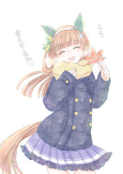  1girl animal_ears autumn_leaves blue_coat blunt_bangs breath buttons closed_eyes coat cowboy_shot double-breasted ear_covers enpera facing_viewer frilled_skirt frills hair_ornament hairband head_tilt holding holding_leaf horse_ears horse_girl horse_tail leaf long_hair long_sleeves maple_leaf open_mouth orange_hair painting_(medium) pleated_skirt purple_skirt rosa_games_ss scarf school_uniform silence_suzuka_(umamusume) simple_background skirt sleeves_past_wrists smile solo tail tracen_school_uniform tracen_winter_coat traditional_media umamusume watercolor_(medium) white_background white_hairband winter_uniform yellow_scarf 