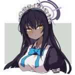  1girl apron black_hair blue_archive blue_bow blue_bowtie border bow bowtie closed_mouth cropped_torso dark-skinned_female dark_skin hair_between_eyes halo highres inu_(inu2inu) karin_(blue_archive) long_hair looking_at_viewer maid_headdress puffy_short_sleeves puffy_sleeves short_sleeves simple_background solo upper_body white_apron white_border yellow_eyes 