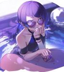  1girl bangs bikini blurry blurry_background collarbone controlline3 diagonal_bangs earrings grin highres idolmaster idolmaster_shiny_colors in_water jewelry leaning_on_object looking_at_viewer messy_hair pool purple-tinted_eyewear purple_hair smile solo sunglasses swimsuit tanaka_mamimi tinted_eyewear twintails violet_eyes wristband 