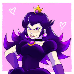  alternate_costume black_dress black_hair border crown dress earrings gloves gradient_hair heart highres jewelry mini_crown multicolored_hair nonomoustache pink_background princess_peach puffy_short_sleeves puffy_sleeves purple_gloves purple_hair short_sleeves sphere_earrings super_mario_bros. twitter_username violet_eyes 