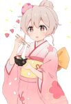  1girl bangs bowl brown_eyes chopsticks commentary flower food grey_hair hair_between_eyes hair_bun hair_flower hair_ornament hair_up highres japanese_clothes kimono looking_at_viewer obi onii-chan_wa_oshimai! open_mouth oyama_mahiro pink_kimono sash simple_background solo tetesudeesu white_background wide_sleeves zouni_soup 