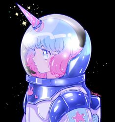  1girl astronaut blue_eyes blue_hair blush closed_mouth helmet horns kisaragi_yuu_(fallen_sky) lips long_hair medium_hair original pink_hair simple_background single_horn solo space_helmet spacesuit unicorn_horn upper_body 