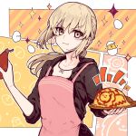  1girl apron artoria_pendragon_(fate) aruti bangs bird black_jacket blonde_hair blush bottle broken_egg chick commentary_request egg fate/grand_order fate_(series) food highres holding holding_bottle holding_plate jacket jewelry ketchup ketchup_bottle long_hair looking_at_viewer necklace omelet omurice pink_apron plate ponytail saber_alter saber_alter_(ver._shinjuku_1999)_(fate) sleeves_rolled_up solo twitter_username yellow_eyes 