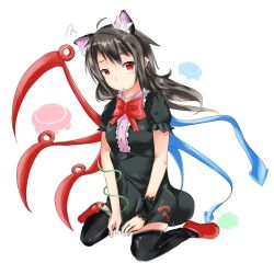  1girl animal_ears asymmetrical_wings black_dress black_hair black_thighhighs bow bowtie breasts cat_ears dress full_body houjuu_nue kemonomimi_mode long_hair looking_at_viewer red_bow red_bowtie red_eyes red_footwear simple_background single_wrist_cuff small_breasts solo thigh-highs touhou ufo white_background wings wrist_cuffs yoko_maboroshi zettai_ryouiki 