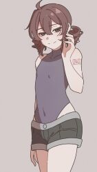  1girl ahoge alternate_costume arm_at_side cowboy_shot double-parted_bangs drill_hair grey_background hair_between_eyes hand_up highres kasane_teto looking_at_viewer one-piece_swimsuit ontama_carbonara red_eyes redhead shadow shirt short_shorts shorts simple_background smile solo swimsuit twin_drills utau 