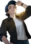  1boy arm_up backlighting black_hair blue_headwear brown_jacket closed_mouth fingernails grey_background grey_eyes hand_on_headwear hand_on_hip hat highres jacket looking_at_viewer male_focus mole mole_under_eye nashigaya_koyomi one_eye_closed original shirt_tucked_in simple_background sleeves_rolled_up smile solo watch watch 