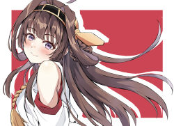  1girl ahoge brown_hair commentary_request dairyo3 detached_sleeves double_bun gold_hairband hair_bun hairband headgear highres kantai_collection kongou_(kancolle) long_hair looking_at_viewer nontraditional_miko red_background shirt simple_background sleeveless sleeveless_shirt smile solo upper_body violet_eyes 