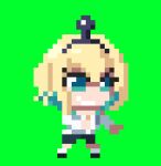  1girl amano_pikamee black_hairband black_shorts blonde_hair chibi colored_inner_hair commentary eevz english_commentary green_background green_eyes green_hair hairband holocure lowres multicolored_hair parody pixel_art shirt shorts smile solo standing style_parody virtual_youtuber voms white_shirt 