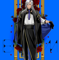  1boy belt black_belt black_cloak black_gloves black_pants black_skirt blue_background bracelet character_name cloak cloak_lift curtained_hair dark-skinned_male dark_skin detached_collar dress_shirt earrings empty_picture_frame falling_petals feet_out_of_frame floral_background flower gloves green_eyes grey_hair hair_between_eyes hair_ornament hair_stick high-waist_pants highres ibrahim_(nijisanji) jewelry lapels long_hair long_sleeves looking_to_the_side male_focus multiple_belts necktie nijisanji notched_lapels pants pants_under_skirt petals picture_frame purple_necktie red_flower red_rose rose shirt side_slit sideways_glance skirt sleeves_past_elbows smile solo standing virtual_youtuber white_shirt yamashino_takabu 
