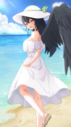  1girl absurdres alternate_costume beach black_hair black_wings blue_sky blush bow breasts brown_footwear clouds commentary_request day dress feathered_wings foot_out_of_frame frilled_dress frills green_bow hat hat_bow highres large_breasts long_hair looking_at_viewer looking_to_the_side o1118 ocean open_mouth outdoors red_eyes reiuji_utsuho sandals sky smile solo standing sun_hat touhou white_dress white_hat wings 