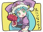  1girl aqua_eyes bangs blue_hair blunt_bangs blush breasts crop_top fonewearl fur-trimmed_headwear fur_trim gun hat holding holding_gun holding_weapon jester_cap juliet_sleeves light_blue_hair long_sleeves open_mouth phantasy_star phantasy_star_online pointy_ears puffy_sleeves purple_headwear rupika seseringo small_breasts solo star_(symbol) v-shaped_eyebrows weapon 