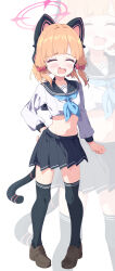  1girl absurdres animal_ear_headphones animal_ears arm_at_side black_sailor_collar black_skirt black_thighhighs blonde_hair blue_archive blue_neckerchief blunt_bangs blush bow brown_footwear cat_ears cat_tail chinese_commentary clenched_hand closed_eyes commentary_request crop_top crying eyelashes fake_animal_ears full_body hair_bow halo hand_on_own_hip headphones highres hua-huahua loafers long_sleeves medium_hair midori_(blue_archive) midriff miniskirt navel neckerchief open_mouth pink_halo pleated_skirt puffy_long_sleeves puffy_sleeves raised_eyebrows red_bow sailor_collar sanpaku school_uniform serafuku shirt shoes sidelocks simple_background skirt solo standing tail tears thigh-highs variant_set wavy_mouth white_background white_shirt zettai_ryouiki zoom_layer 